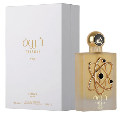 Tharwah Gold by Lattafa frasco y envase