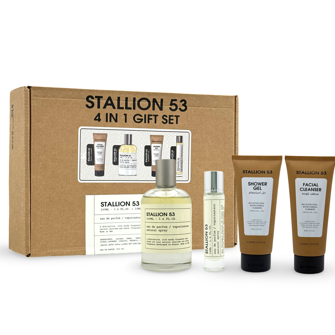  Set de Stallion 53, perfume,limpiador facial,gel de baño