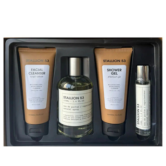   Envase de Set de Stallion 53, perfume,limpiador facial,gel de baño